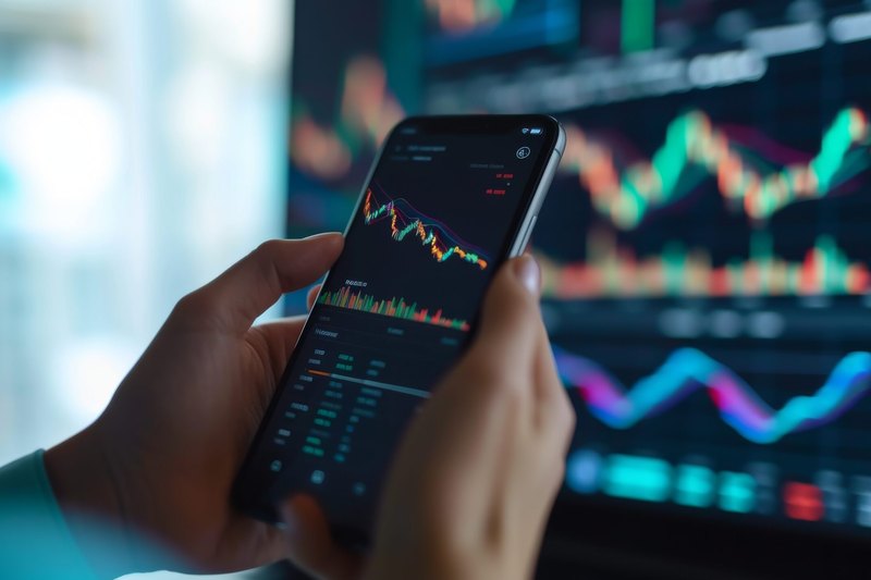 A person's hands hold a smartphone displaying colorful candlestick trading charts in front of a blurred monitor showing similar financial graphs.
