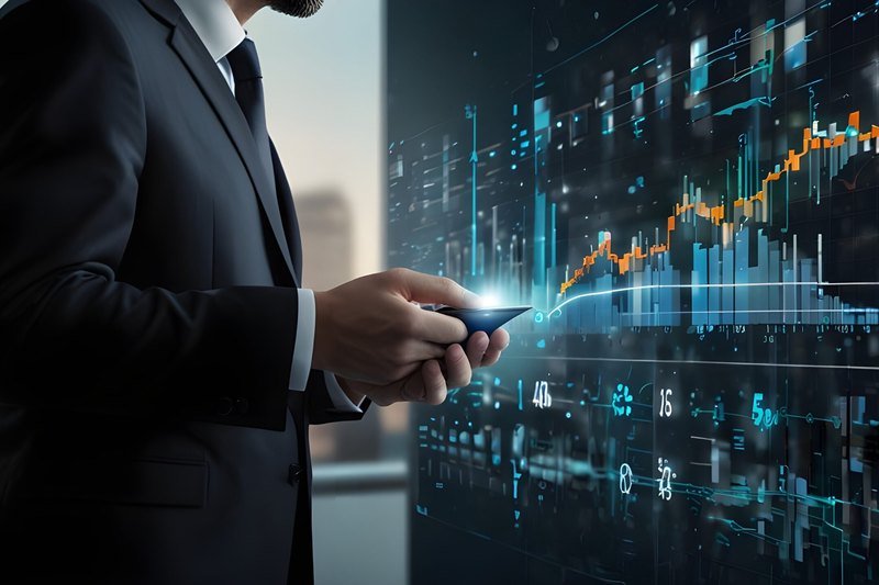 A person in a dark suit holds a smartphone beside a large glowing display of blue and orange charts, graphs and numbers.